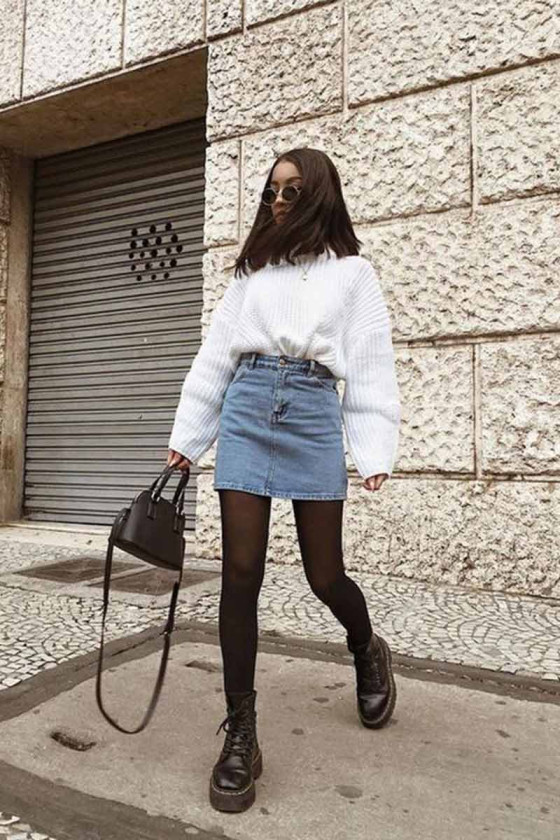 Black Leggings With A Denim Mini Skirt