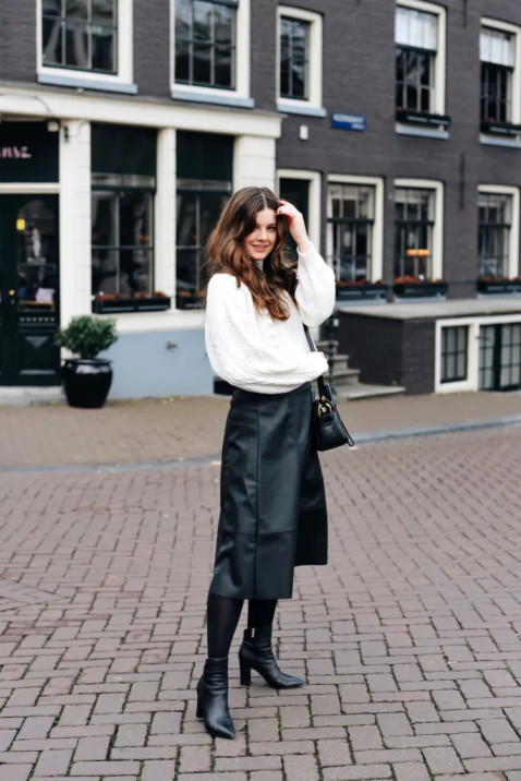 Leggings With A Leather Flowy Midi Skirt
