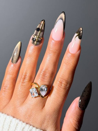 Matte Black Plaid and Pumpkins Nails