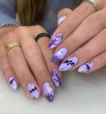 Pastel Purple Ghosts and Florals nails
