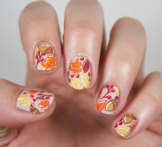 Orange Base with Acorns and Leaves nails