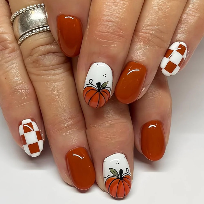 Pumpkin Plaid and Leaf Duo nails